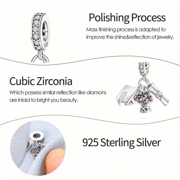 Sterling Silver Graduation Charm Diploma and Cap Dangle - Picture 4 of 4